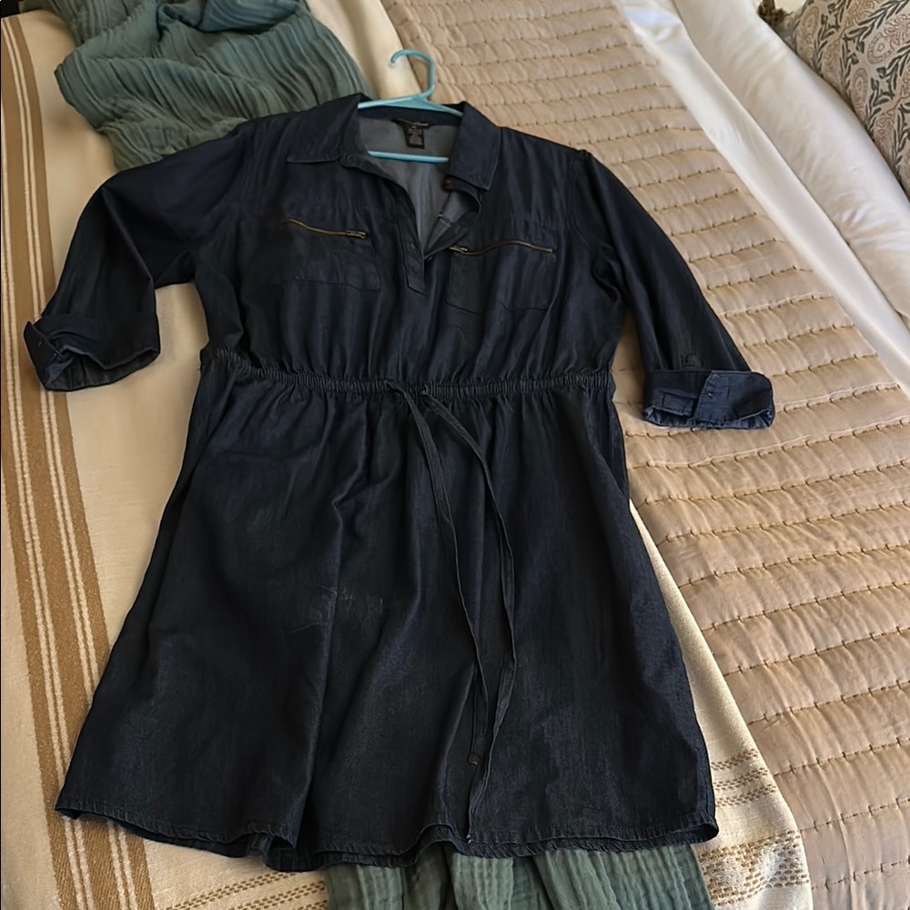 Blue Cuffed 3/4 Sleeve Collar Shirt Dress
